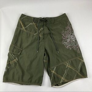 Bodyglove Board Shorts Mens Size 32 Green Embroidered Trunks Flat Front Tie